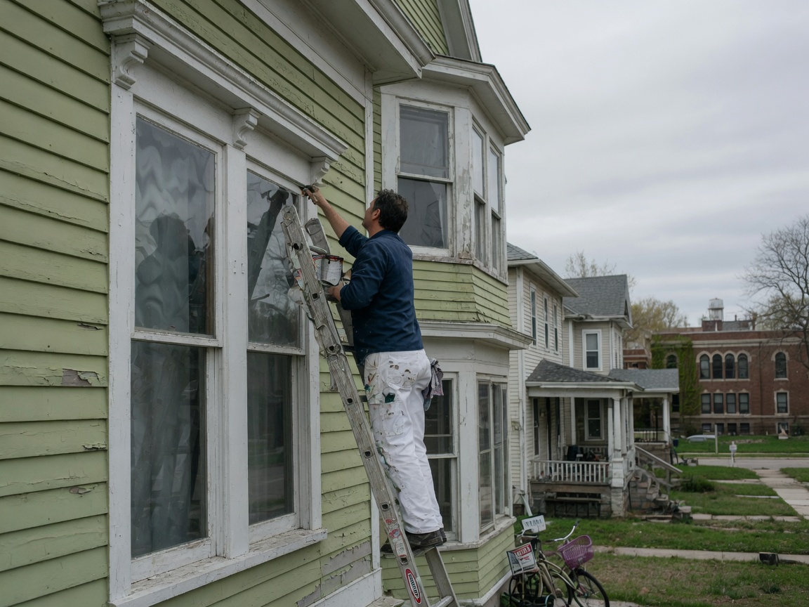 Painter cutting in window trim on a Madison home